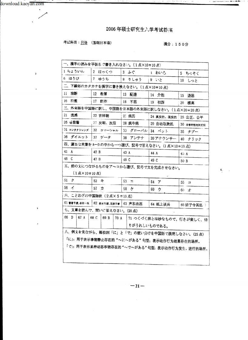 12006年北京第二外国语学院基础日本语考研试题答案