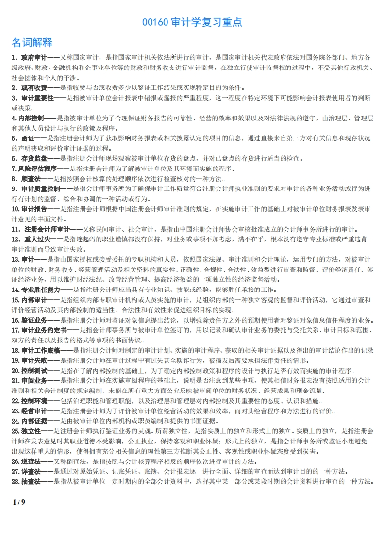 【名词解释、简答、论述题】00160审计学1-学习资源网 - 学习助手专注分享优质学习资源