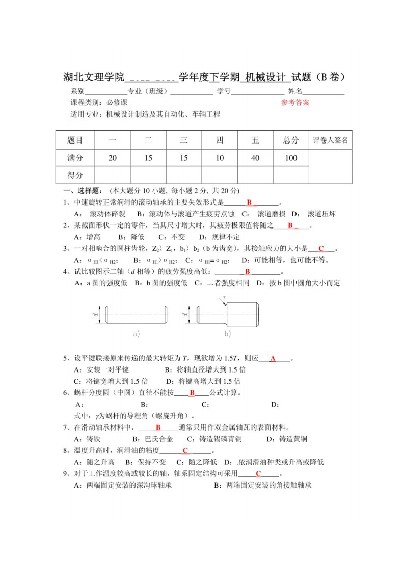 【机械设计】湖北文理学院历年期末考试试卷-学习资源网 - 学习助手专注分享优质学习资源