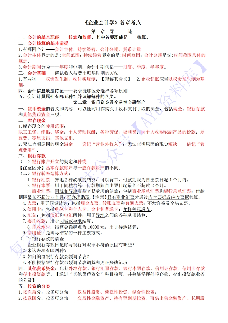 【章节知识点意向考点】00055企业会计1-学习资源网 - 学习助手专注分享优质学习资源