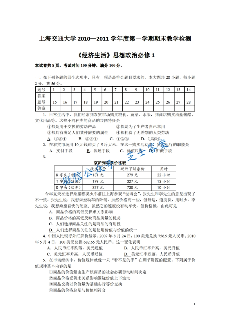 上海交通大学《经济生活》2010-2011学年第一学期期末试卷-学习资源网 - 分享优质学习资料
