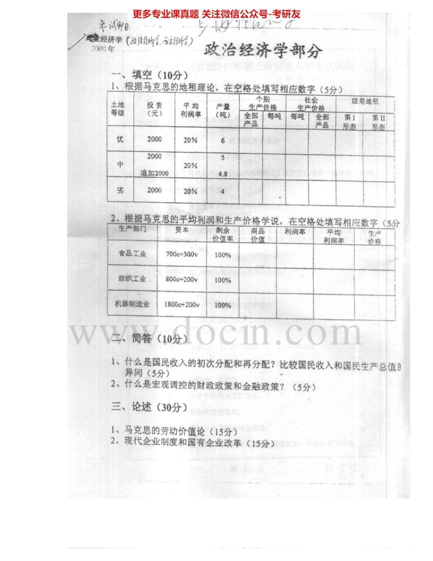 上海师范大学906经济学基础综合2000-2001考研真题汇编.Image.Marked
