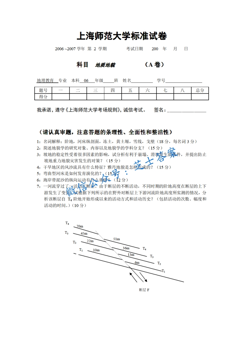 上海师范大学《地质地貌》2006-2007学年第二学期期末试卷-学习资源网 - 学习助手专注分享优质学习资源