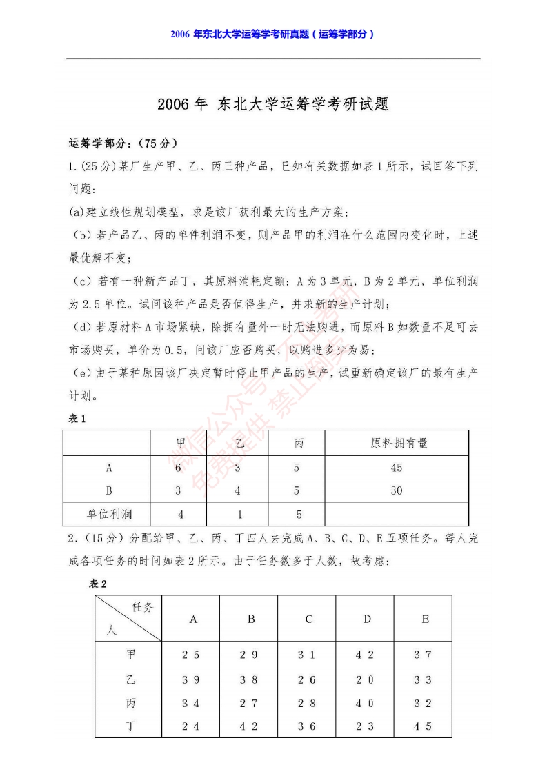 东北大学工商管理学院852运筹学历年考研真题汇编
