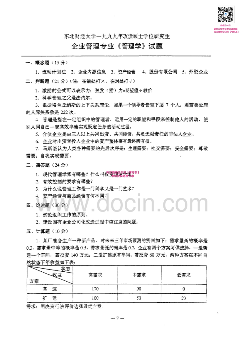 东北财经大学管理学历年真题1999-2002、2008-20122002有答案考研真题汇编-学习资源网 - 分享优质学习资料
