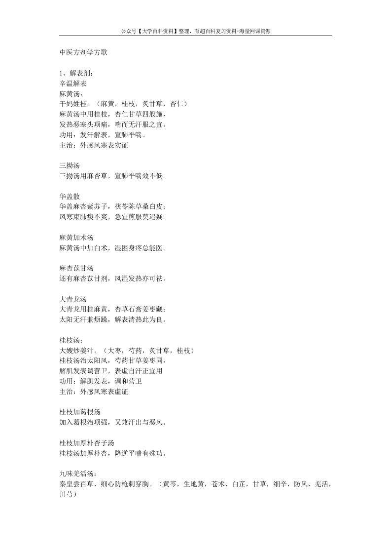 中医方剂学方歌、趣味记忆、非常全