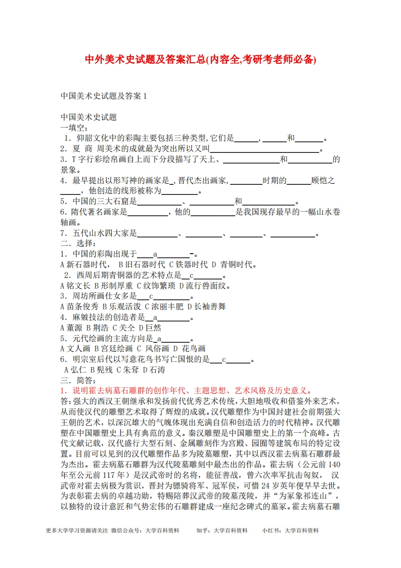 中外美术史试题及答案汇总(内容全)考研考老师必备