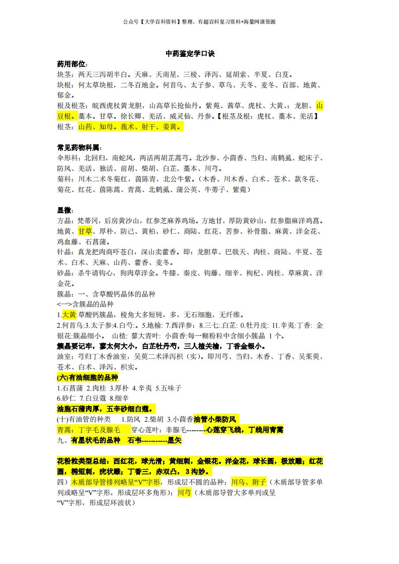 中药鉴定学速记口诀-学习资源网 - 分享优质学习资料