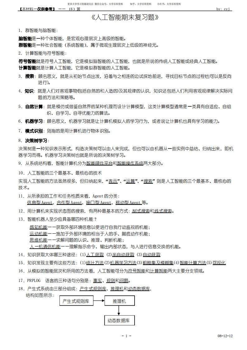 人工智能【期末复习题】-学习资源网 - 学习助手专注分享优质学习资源