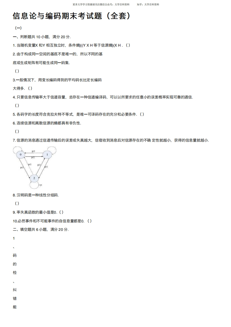 信息论与编码期末考试题（全套）-学习资源网 - 学习助手专注分享优质学习资源