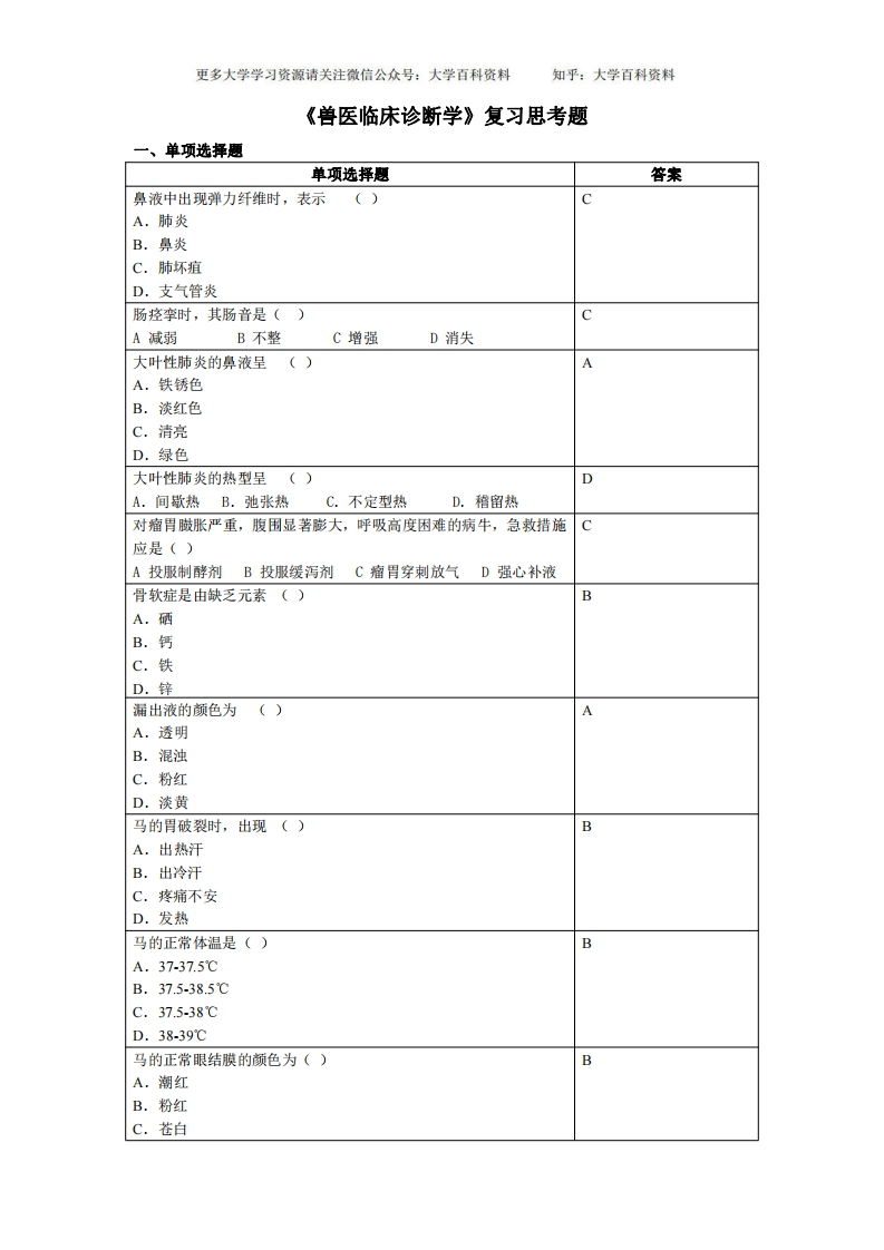 兽医临床诊断学-学习资源网 - 学习助手专注分享优质学习资源