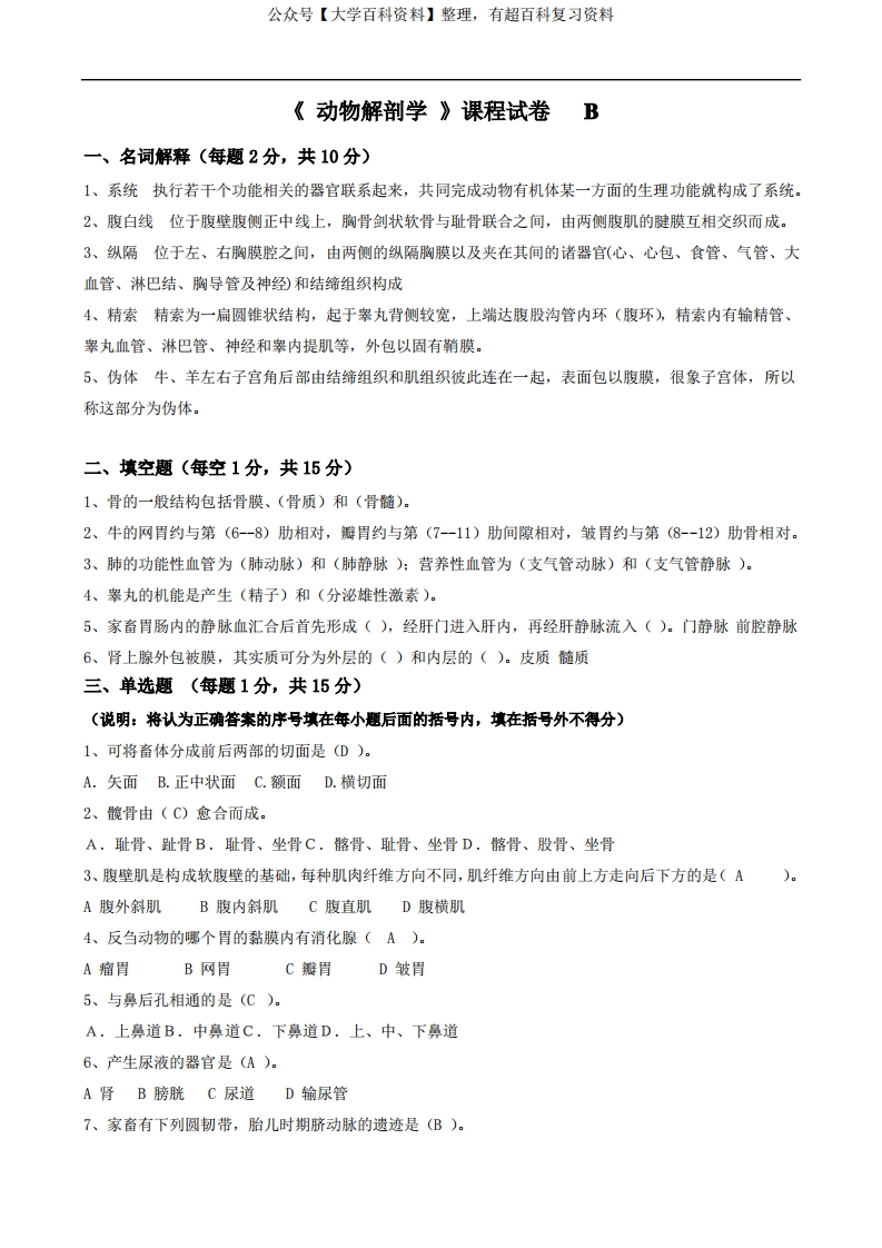 动物解剖学试卷答案B