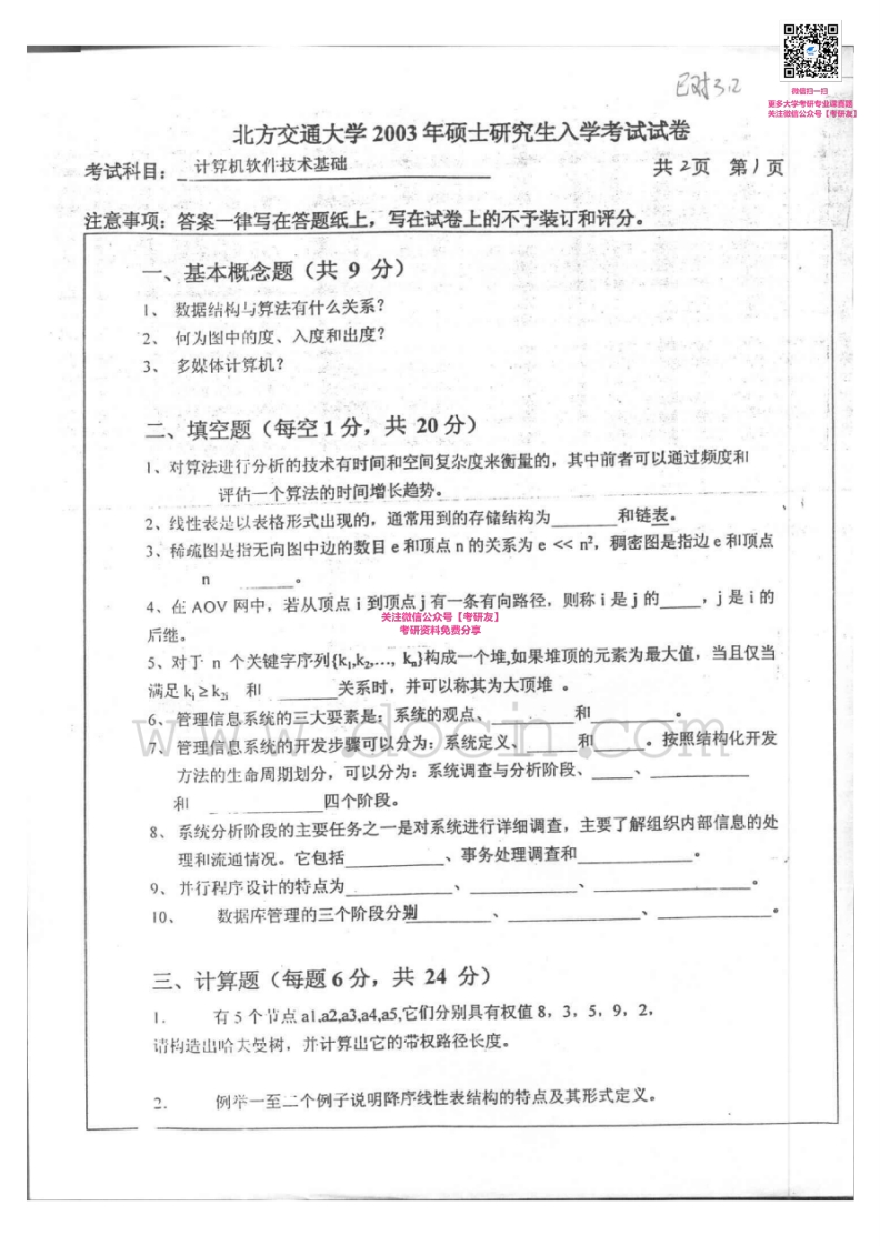 北京交通大学941计算机软件技术基础2003-2007考研真题汇编微信公众号微研社免费分享-学习资源网 - 分享优质学习资料