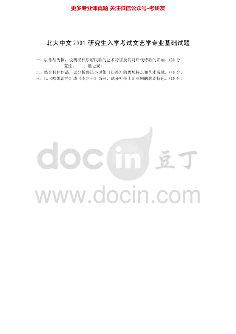 北京大学623文艺学2001、2003、2006（回忆版）2011考研真题汇编