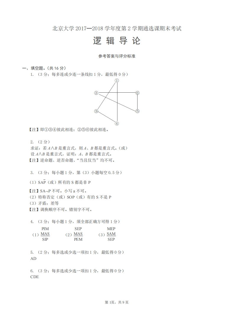 北京大学《逻辑导论》2018年春期末试卷答案-学习资源网 - 分享优质学习资料