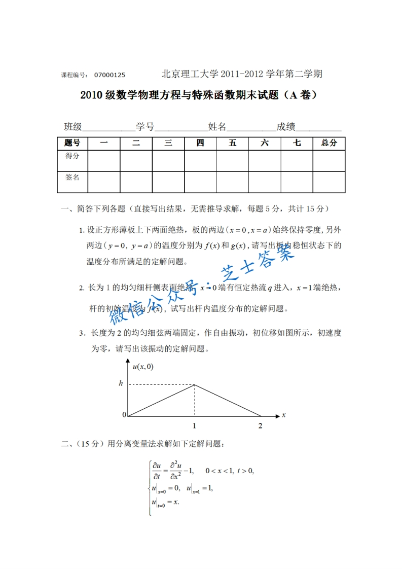 北京理工大学《数学物理方程》2011-2012学年第二学期期末试卷A卷-学习资源网 - 学习助手专注分享优质学习资源