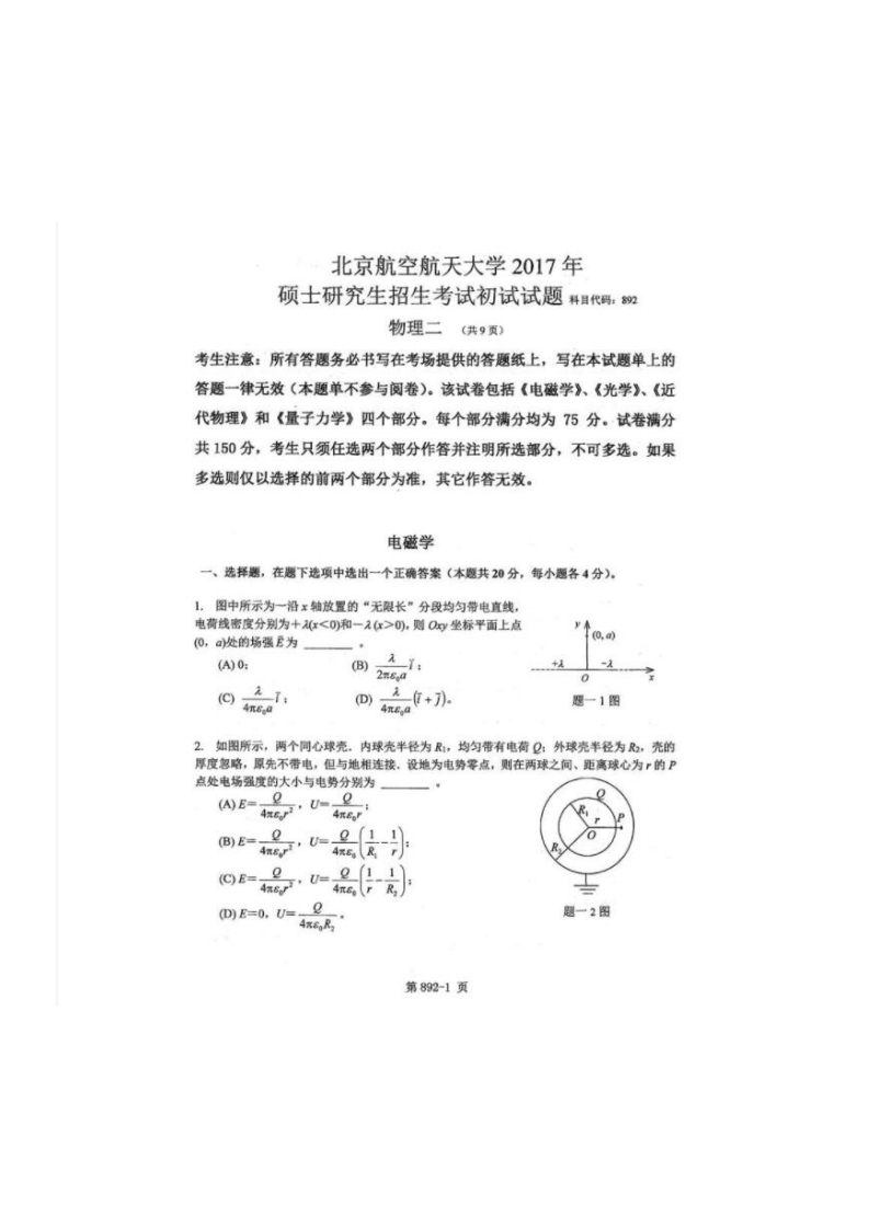 北京航空航天大学892普通物理综合2017考研真题试卷(1)-学习资源网 - 分享优质学习资料