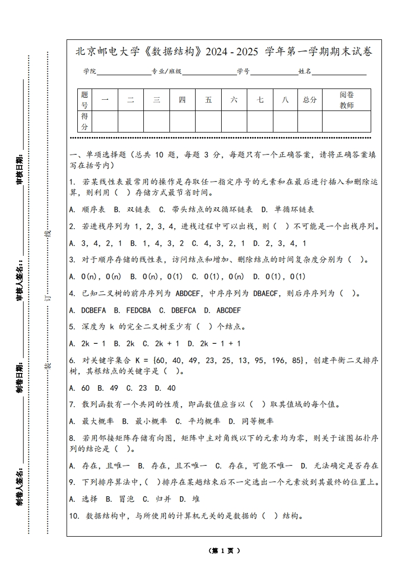 北京邮电大学《数据结构》2024-2025学年第一学期期末试卷-学习资源网 - 学习助手专注分享优质学习资源