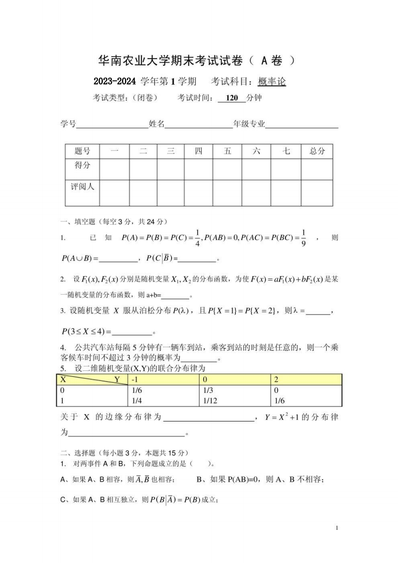 华南农业大学《概率论》2023-2024学年第一学期期末试卷-学习资源网 - 学习助手专注分享优质学习资源