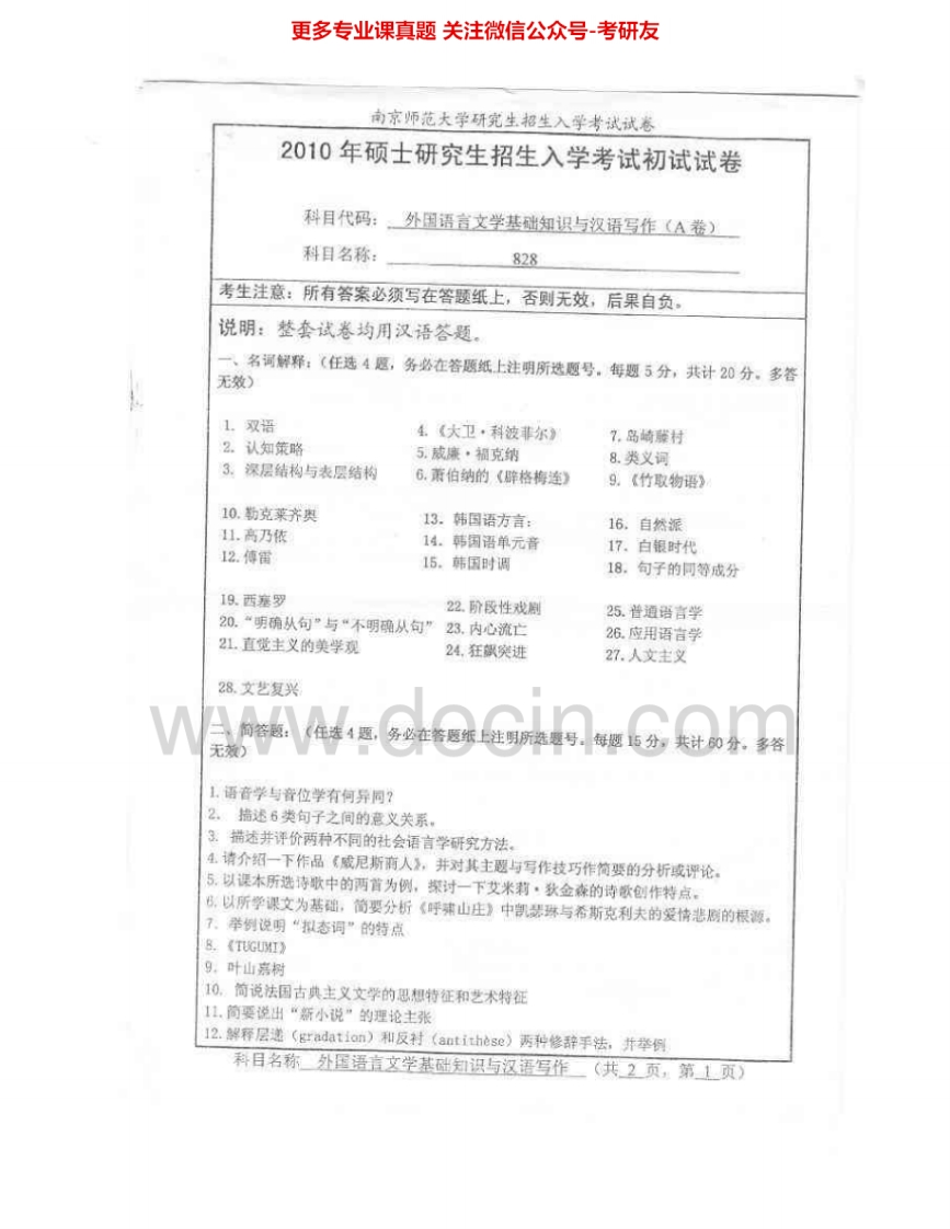 南京师范大学632外国语言文学基础知识与汉语写作2010-2011考研真题汇编.Image.Marked