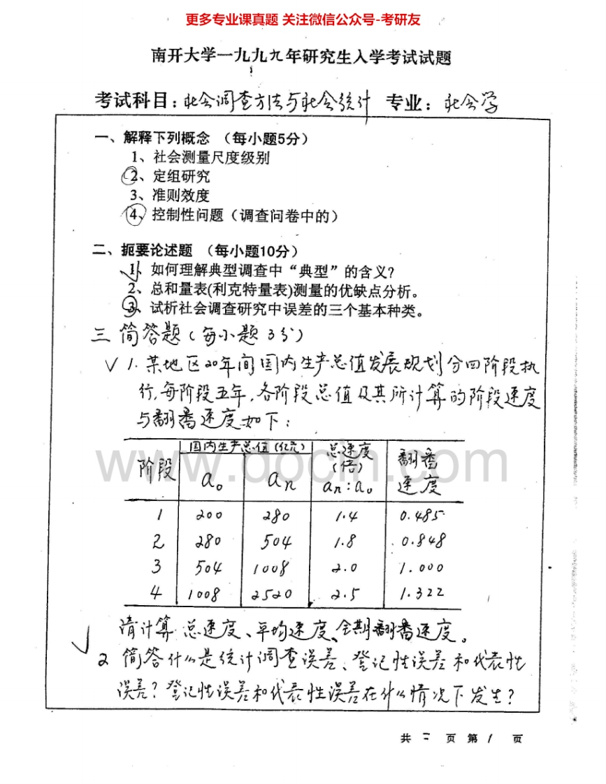 南开大学898社会调查方法与社会统计1999、2003-2006考研真题汇编.Image.Marked