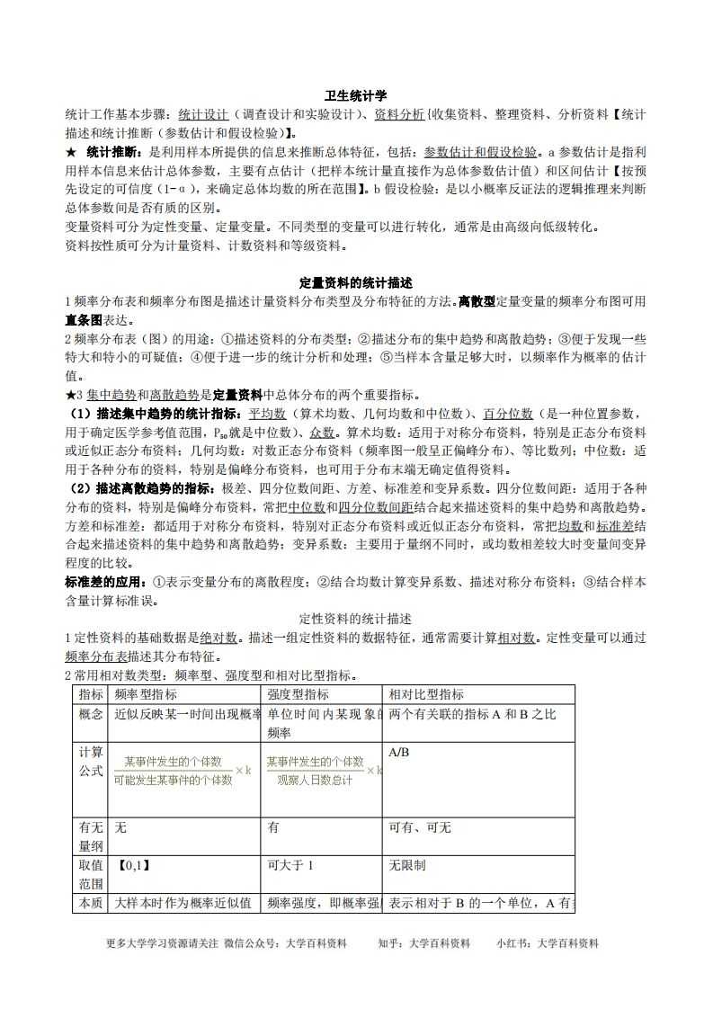 卫生统计学知识点总结