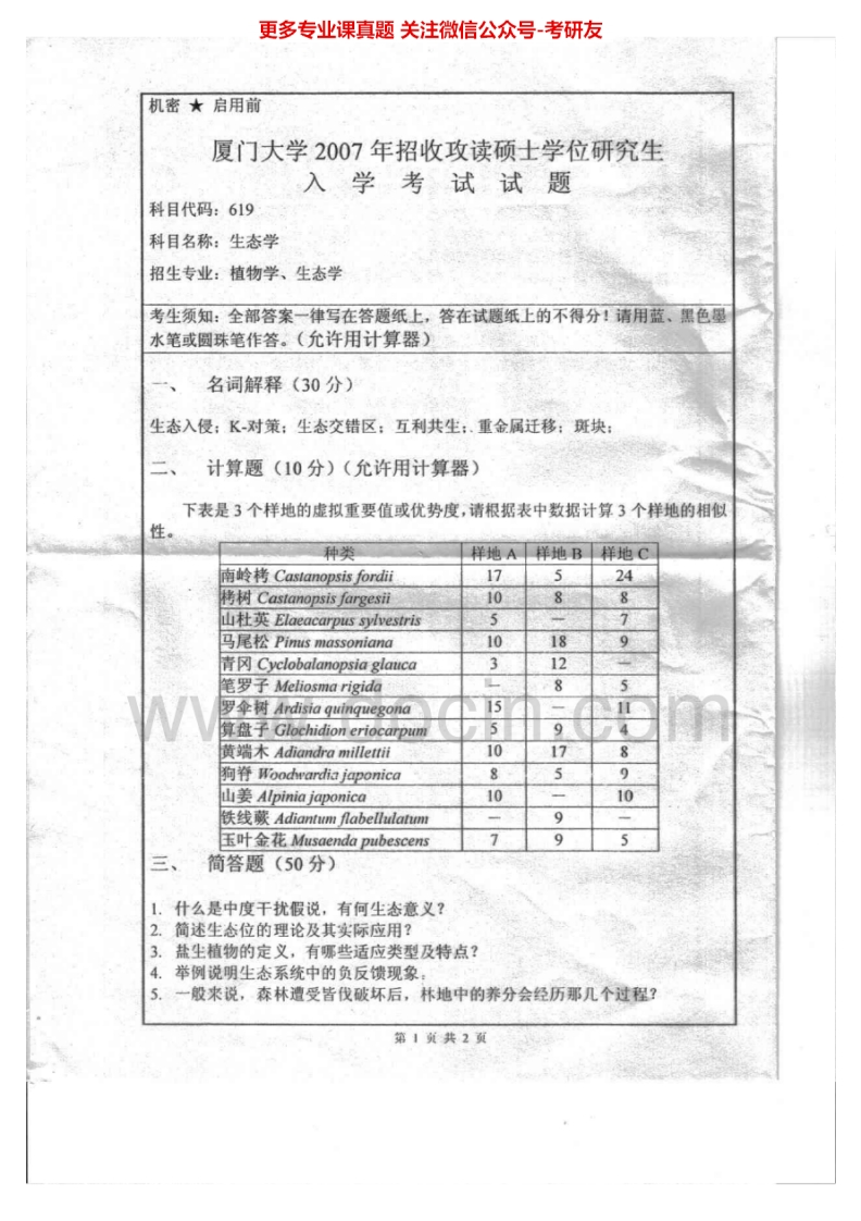 厦门大学生态学（2007、2008、2010、2011）考研真题汇编.Image.Marked-学习资源网 - 分享优质学习资料