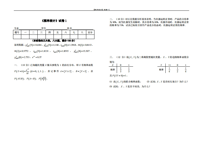 同济大学概率论与数据统计期末试卷1-学习资源网 - 学习助手专注分享优质学习资源