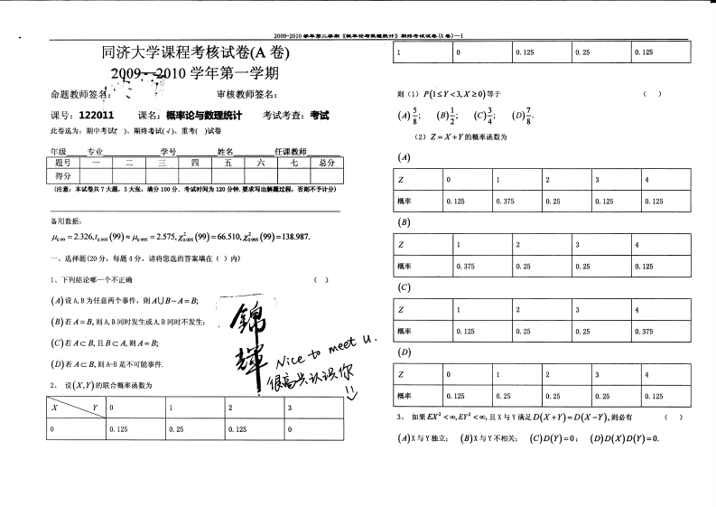 同济大学概率论与数理统计2009—2010学年第一学期考核试卷(A卷)-学习资源网 - 学习助手专注分享优质学习资源