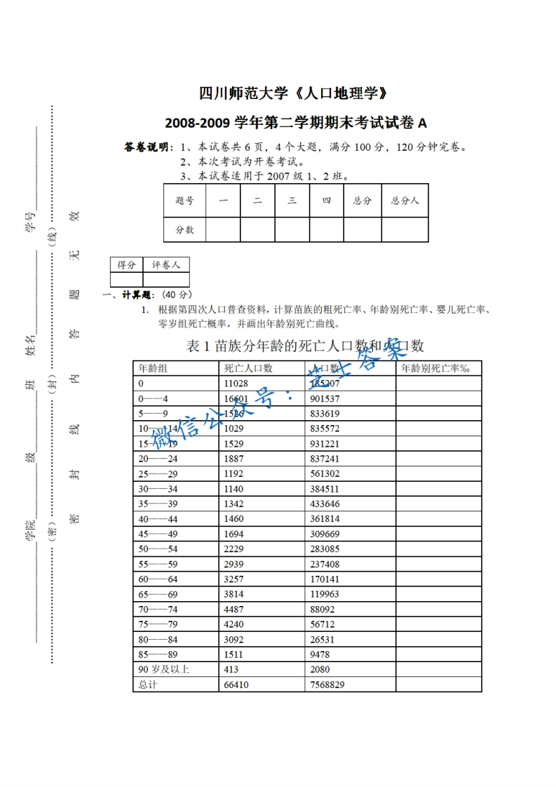 四川师范大学《人口地理学》2008-2009学年第二学期期末试卷A卷
