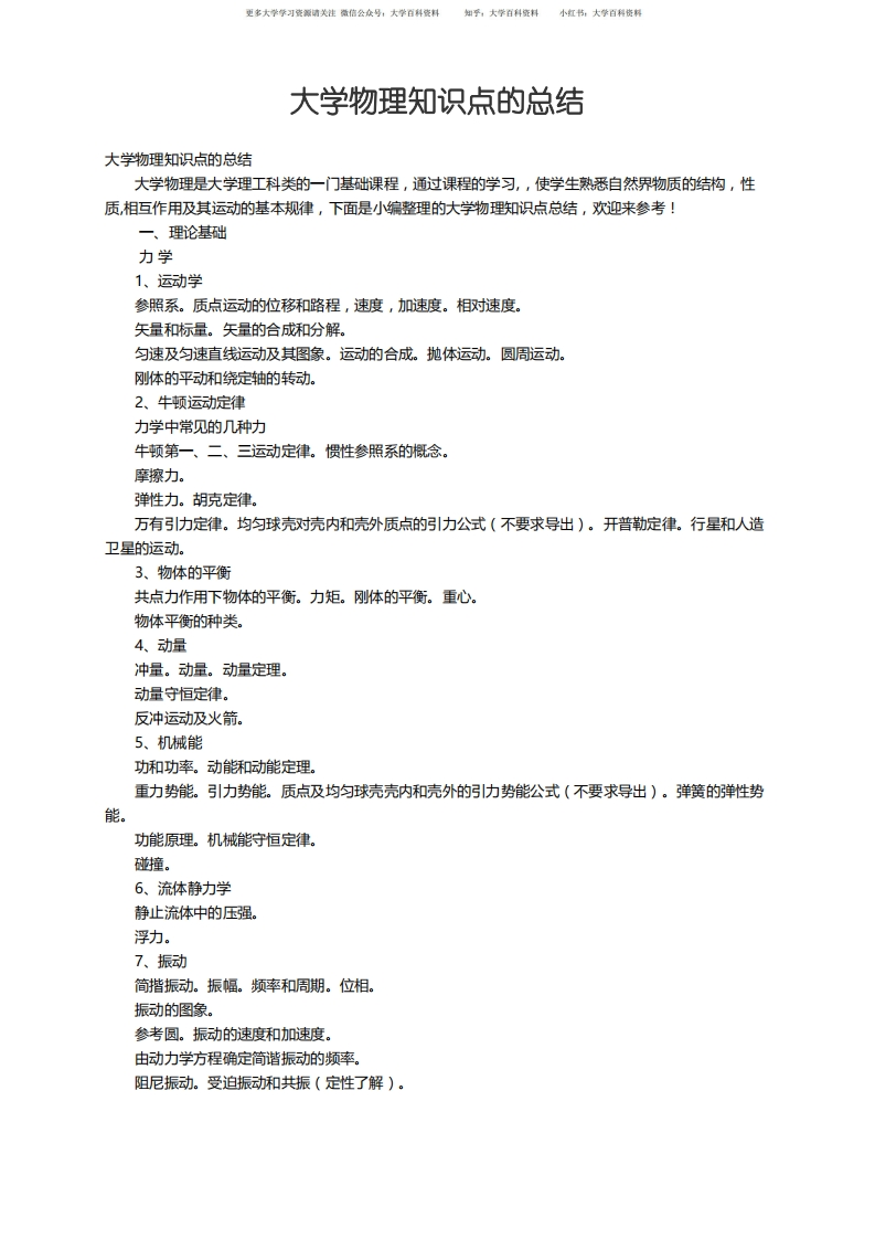 大学物理知识点的总结-学习资源网 - 学习助手专注分享优质学习资源