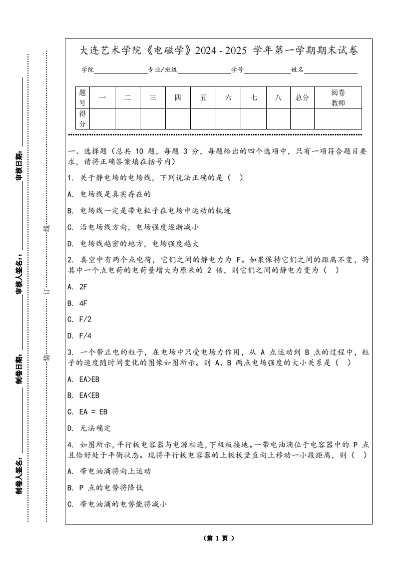 大连艺术学院《电磁学》2024-2025学年第一学期期末试卷