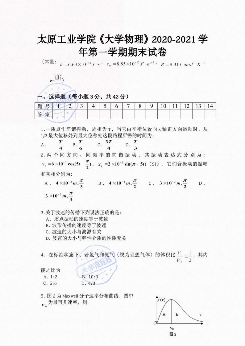 太原工业学院《大学物理》2020-2021学年第一学期期末试卷_8344941-学习资源网 - 分享优质学习资料