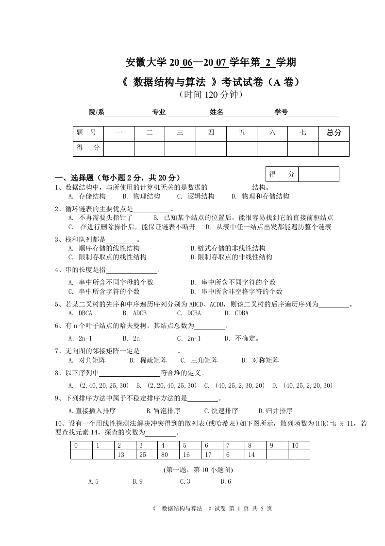 安徽大学2006-2007第2学期数据结构与算法试卷(A卷)-学习资源网 - 分享优质学习资料