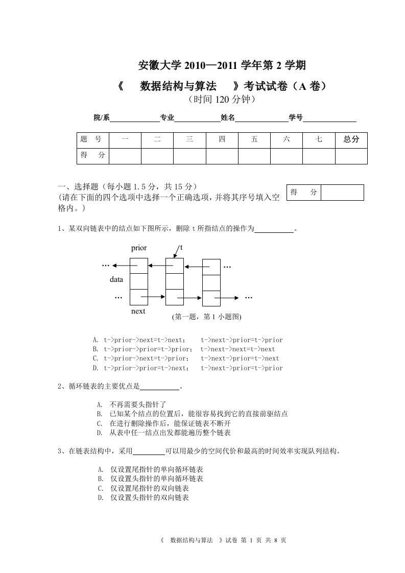 安徽大学数据结构与算法2010—2011学年第2学期期末试卷-学习资源网 - 分享优质学习资料