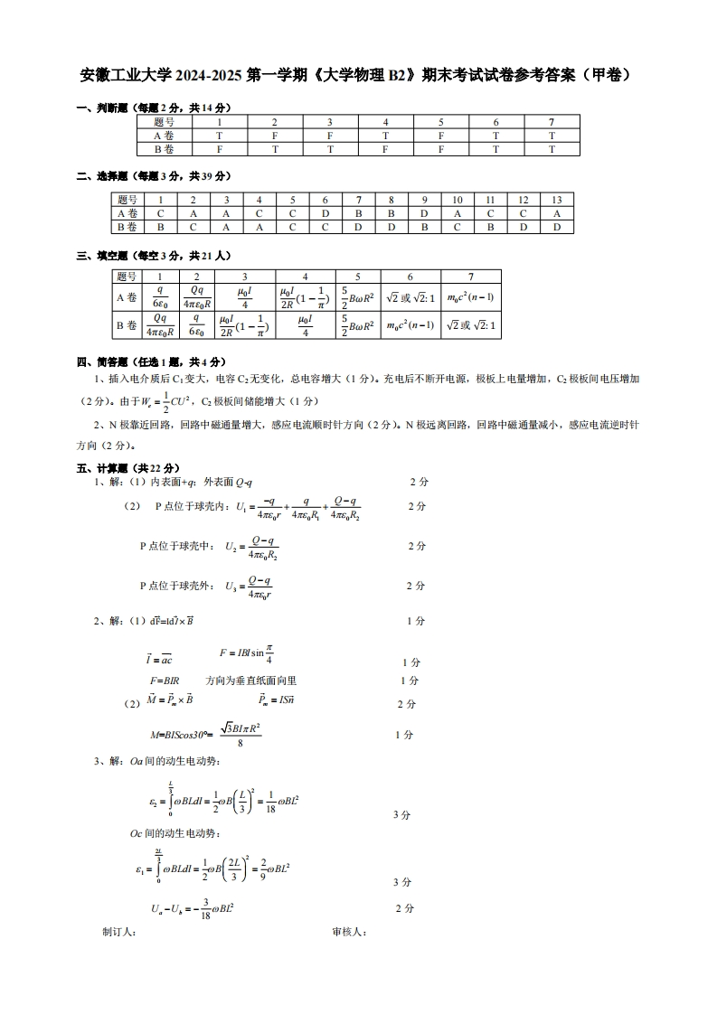 安徽工业大学2024《大学物理B2》试题参考答案(1)