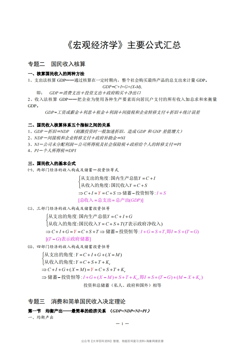 宏观经济学主要公式