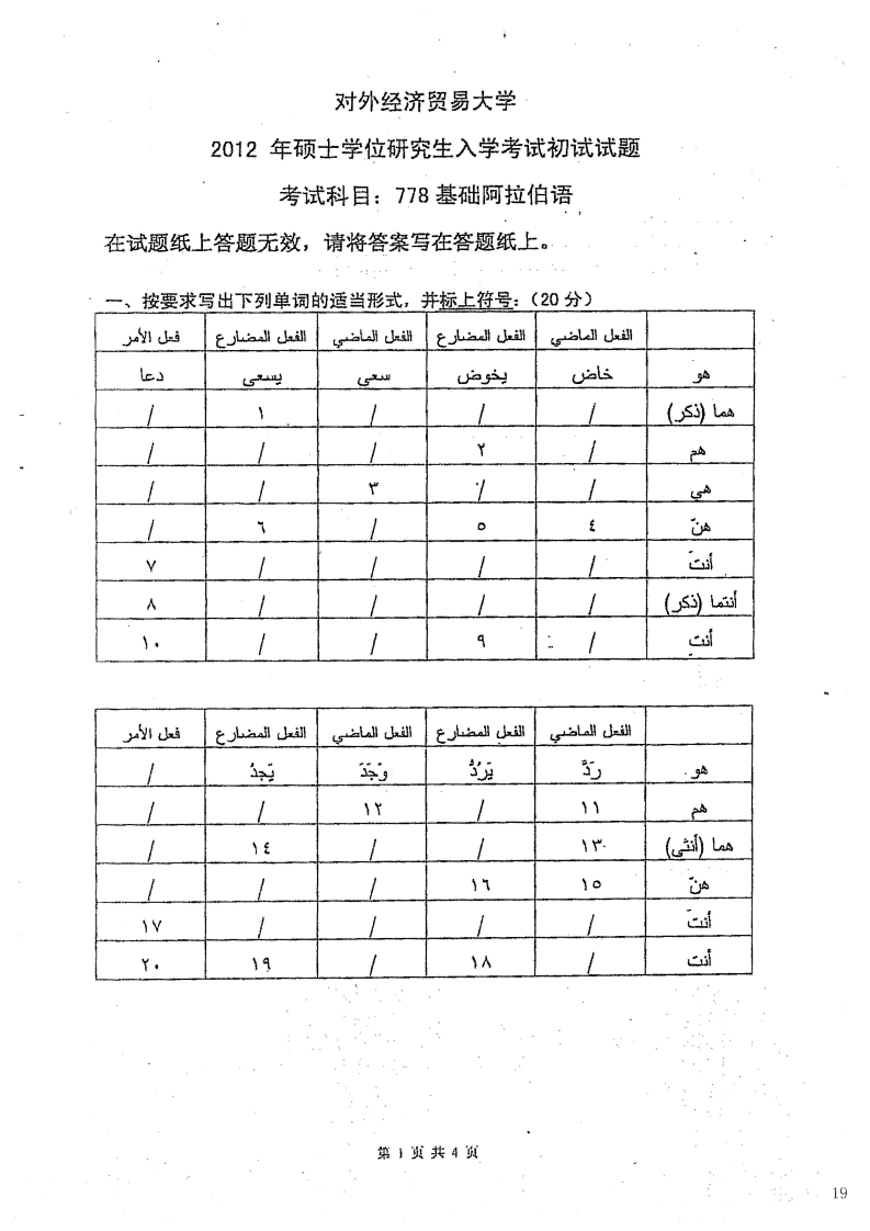 对外经济贸易大学778基础阿拉伯语2012考研真题