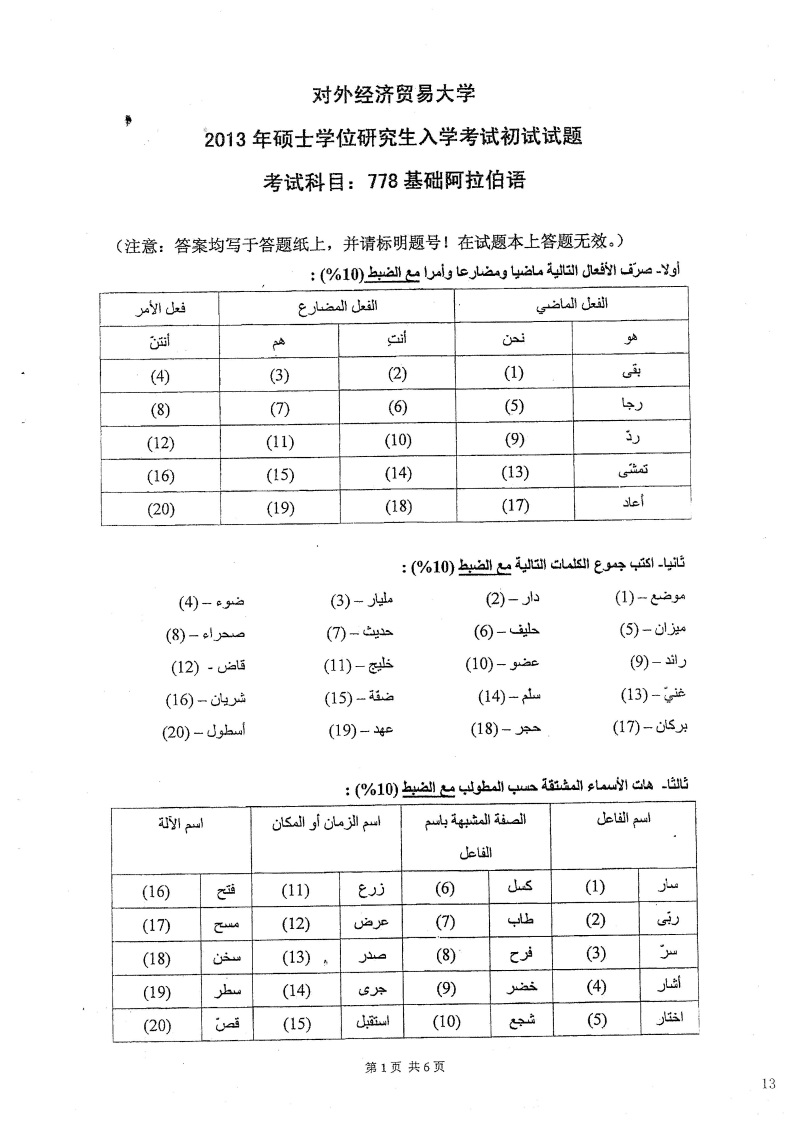 对外经济贸易大学778基础阿拉伯语2013考研真题