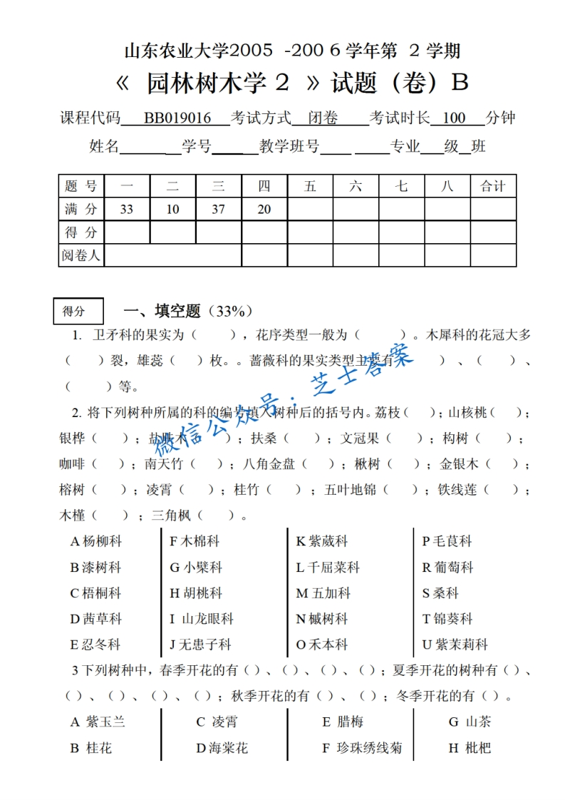 山东农业大学《园林树木学》2005-2006学年第二学期期末试卷B卷