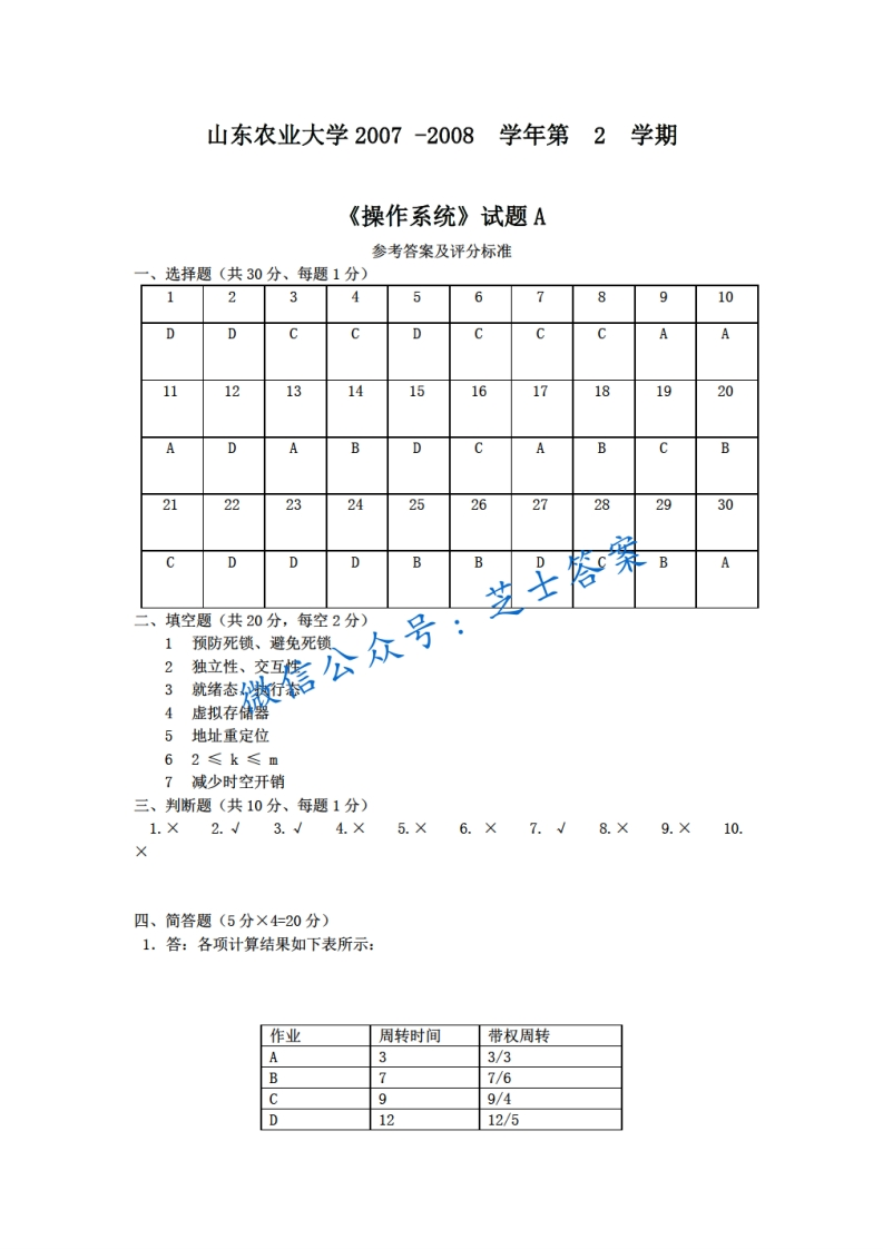 山东农业大学《操作系统》2007-2008学年第二学期期末试卷A卷-学习资源网 - 分享优质学习资料