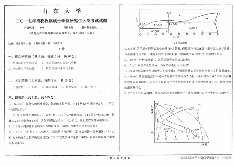 山东大学860材料科学基础2017考研真题试卷-学习资源网 - 分享优质学习资料