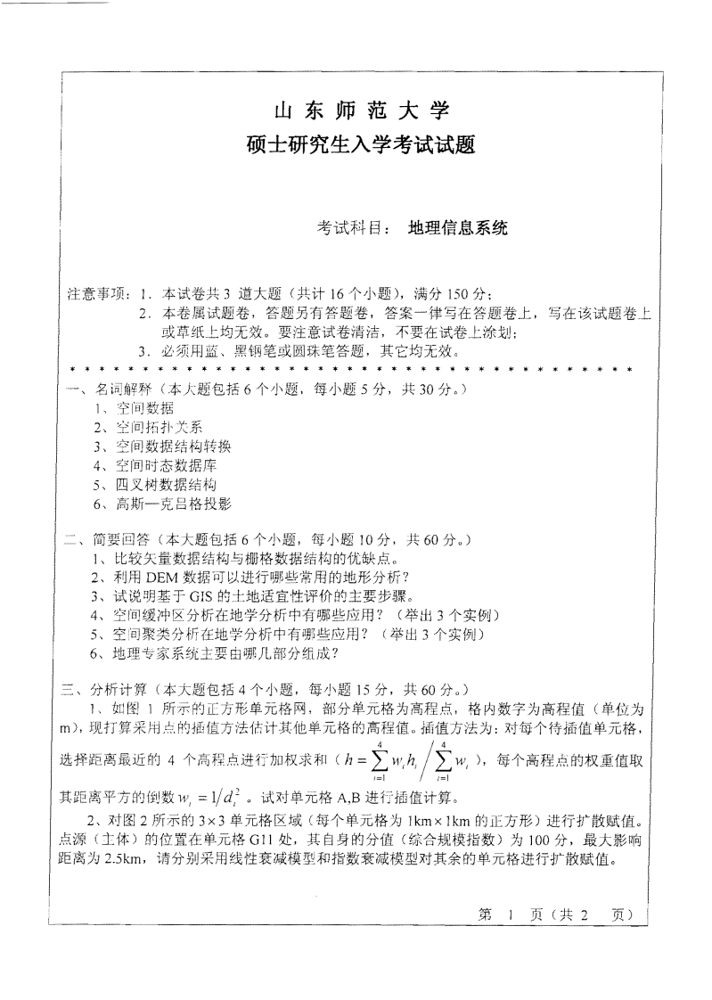 山东师范大学地理信息系统2010年考研试题