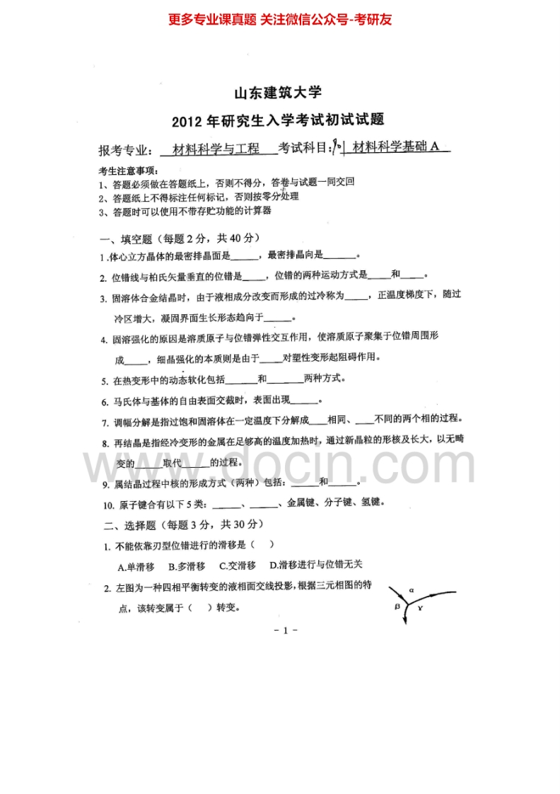 山东建筑大学901材料科学基础A2012、2014-2015考研真题汇编