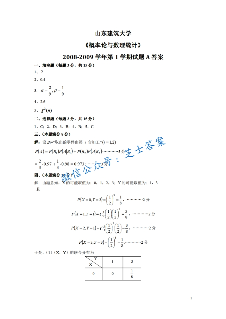山东建筑大学《概率论与数理统计》2008-2009学年第一学期期末试卷A卷-学习资源网 - 分享优质学习资料