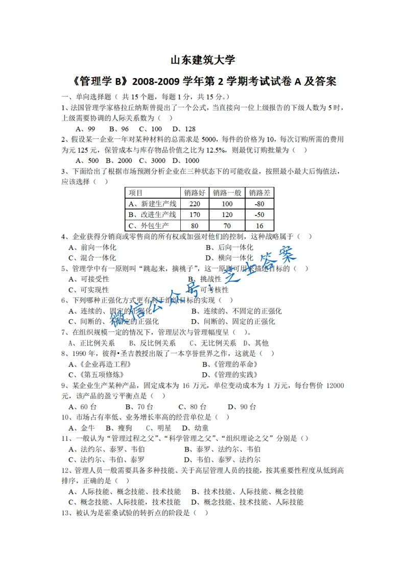 山东建筑大学《管理学》2008-2009学年第二学期期末试卷B卷