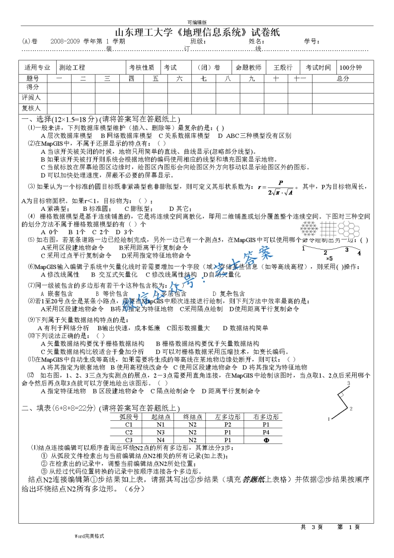 山东理工大学《地理信息系统》2008-2009学年第一学期期末试卷A卷