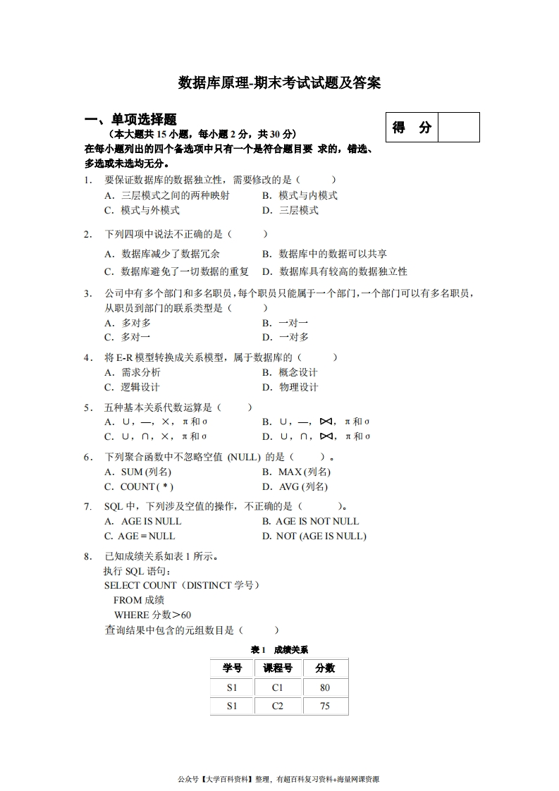 数据库原理-期末考试试题及答案-学习资源网 - 学习助手专注分享优质学习资源