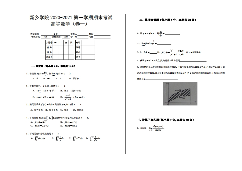 新乡学院《高等数学》试卷-2020-2021第一学期期末试卷一