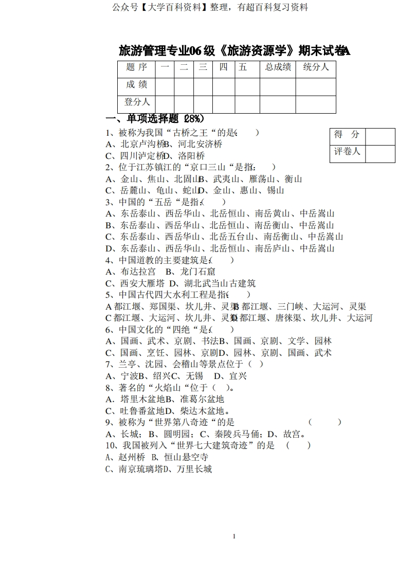 旅游资源管理-试卷A